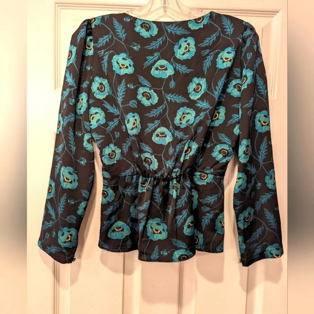J. Crew Satin back crepe peplum button-front black green floral blouse shirt 2